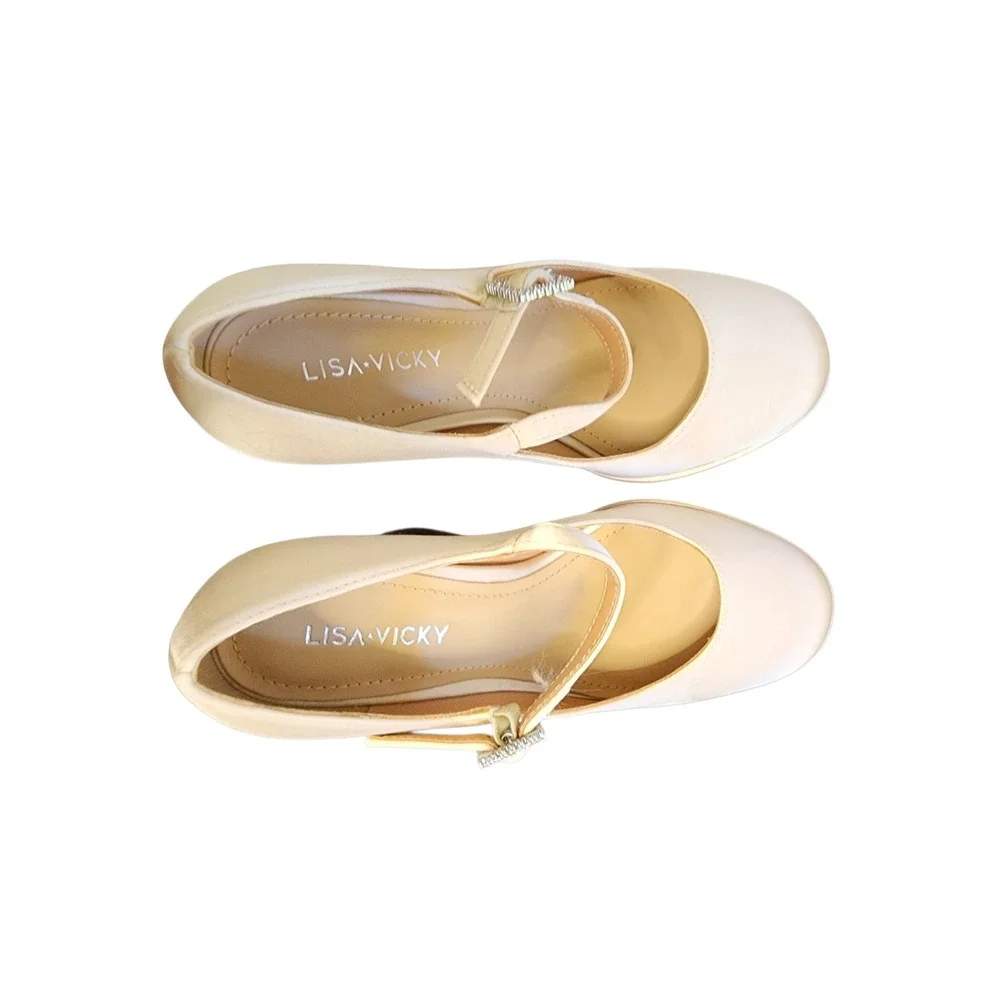 Lisa Vicky Mary Jane Platform Pumps Womens 6M Champagne Satin‎ Good